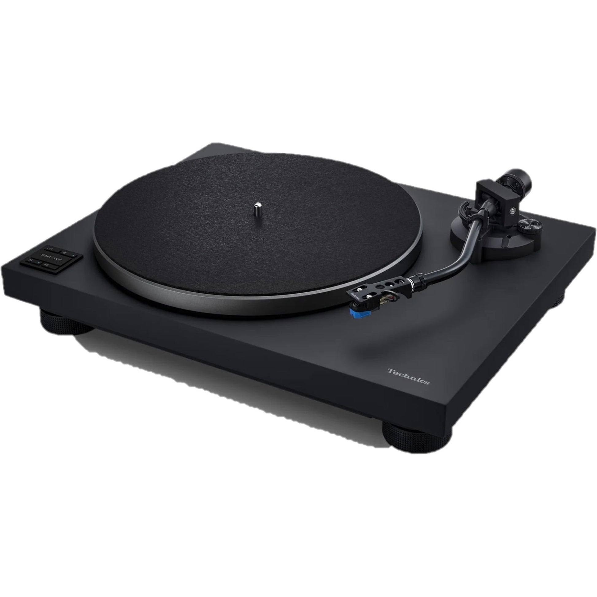 Technics SL-40CBT + SC-CX700 HiFi-Set Schwarz Schrägansicht des Plattenspielers mit Tonarm und Headshell