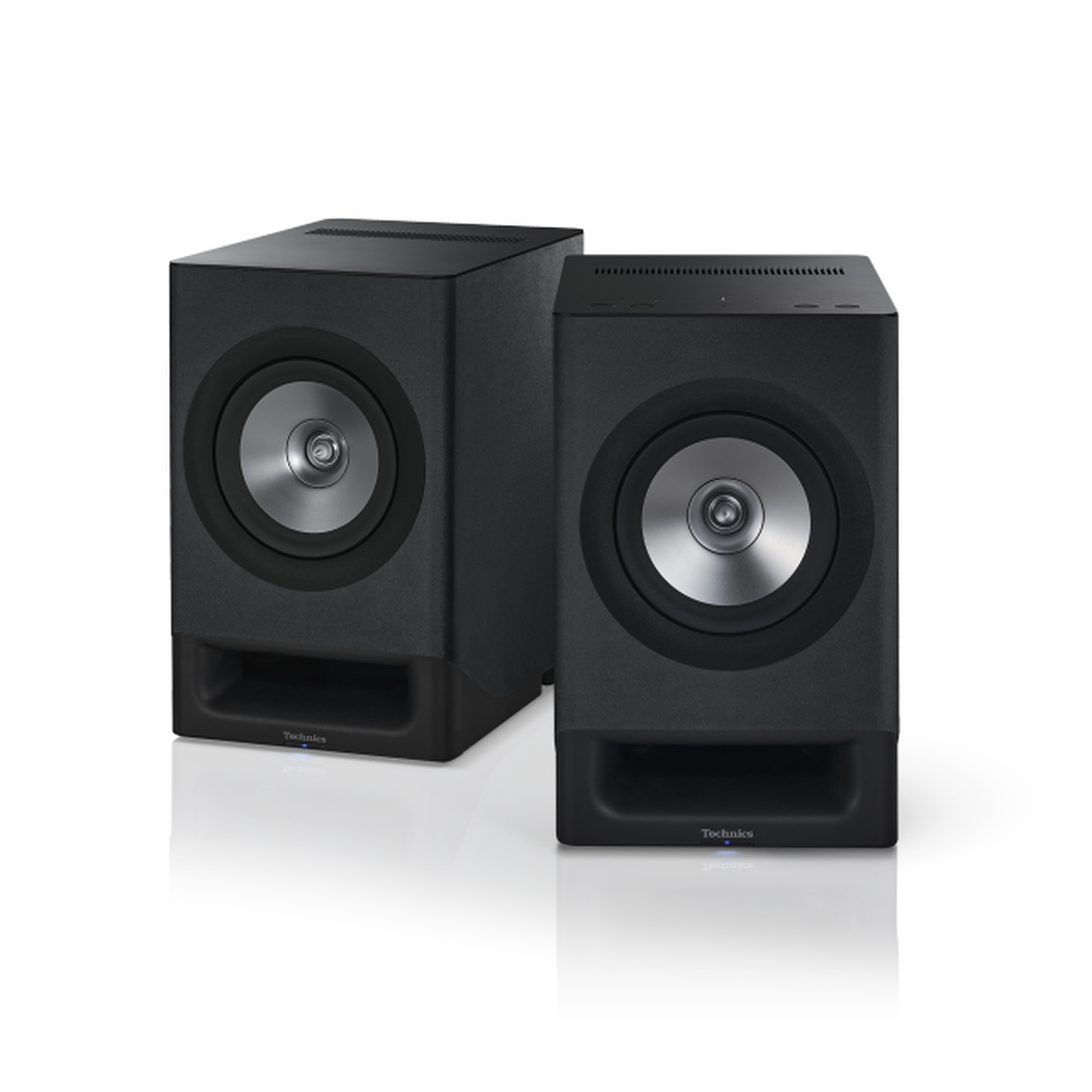 Technics SL-40CBT + SC-CX700 HiFi-Set Schwarz Stereopaar der SC-CX700 Aktivlautsprecher von schräg vorn