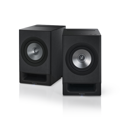 Technics SL-40CBT + SC-CX700 HiFi-Set Schwarz Stereopaar der SC-CX700 Aktivlautsprecher von schräg vorn