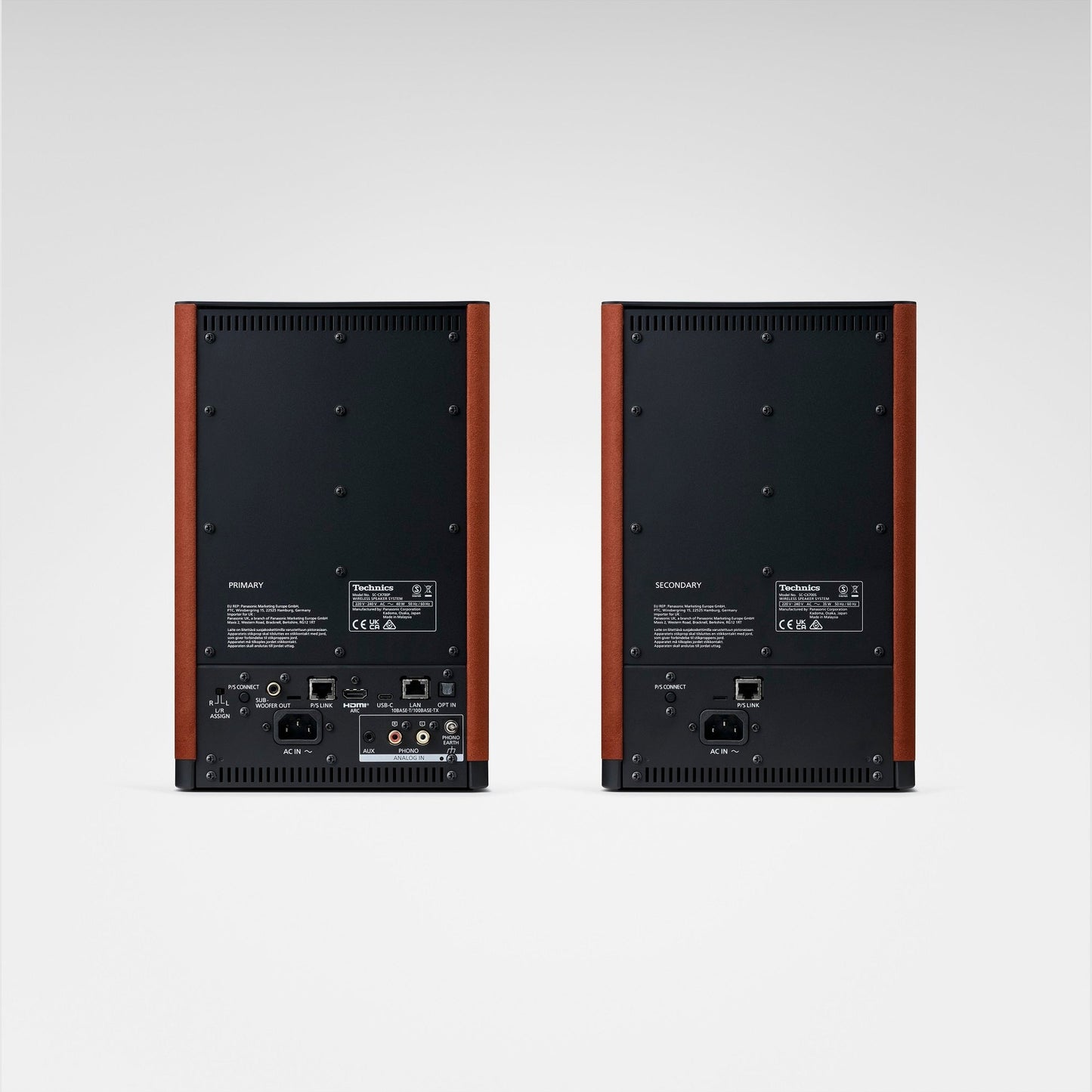 Technics SL-40CBT + SC-CX700 HiFi-Set Terracotta Anschlussfeld der Aktivlautsprecher mit Typenschild und Netzanschluss