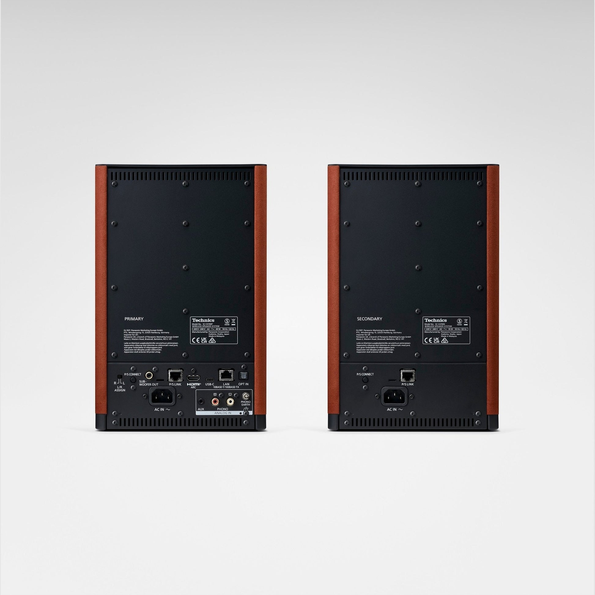 Technics SL-40CBT + SC-CX700 HiFi-Set Terracotta Anschlussfeld der Aktivlautsprecher mit Typenschild und Netzanschluss