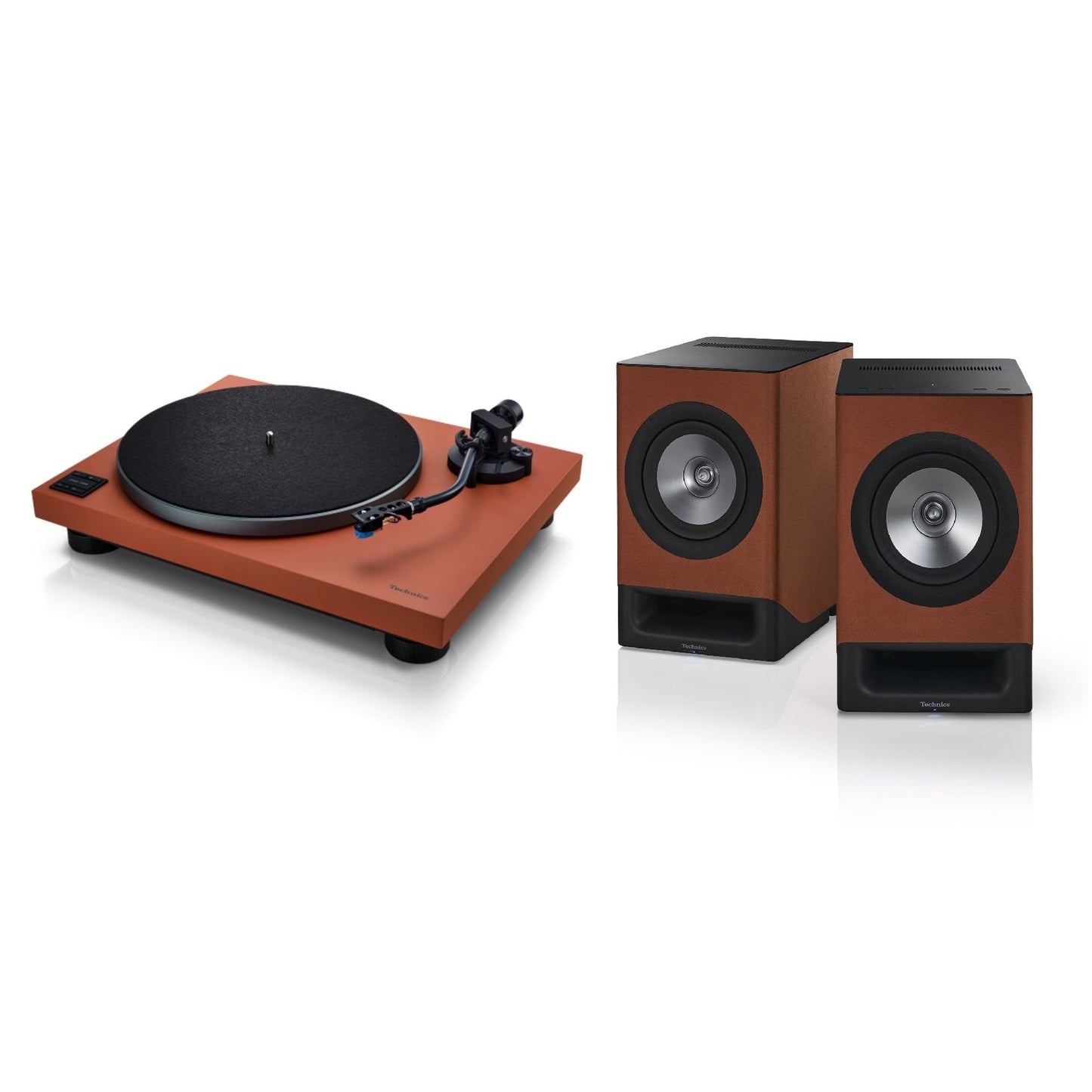Technics SL-40CBT + SC-CX700 HiFi-Set Terracotta Lieferumfang, Plattenspieler und Lautsprecherpaar von schräg vorn