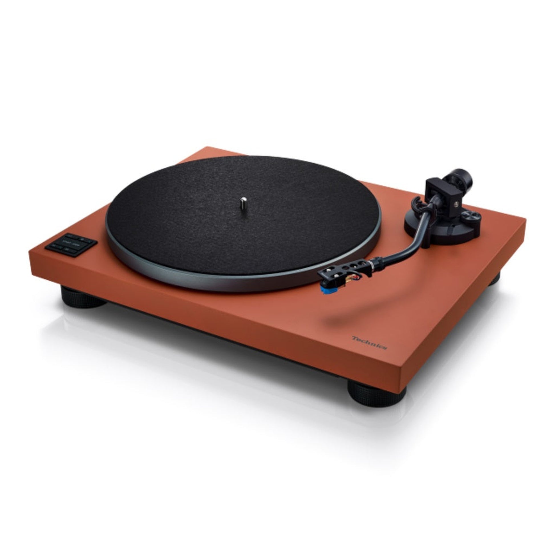 Technics SL-40CBT + SC-CX700 HiFi-Set Terracotta Schrägansicht des Plattenspielers mit Tonarm und Headshell