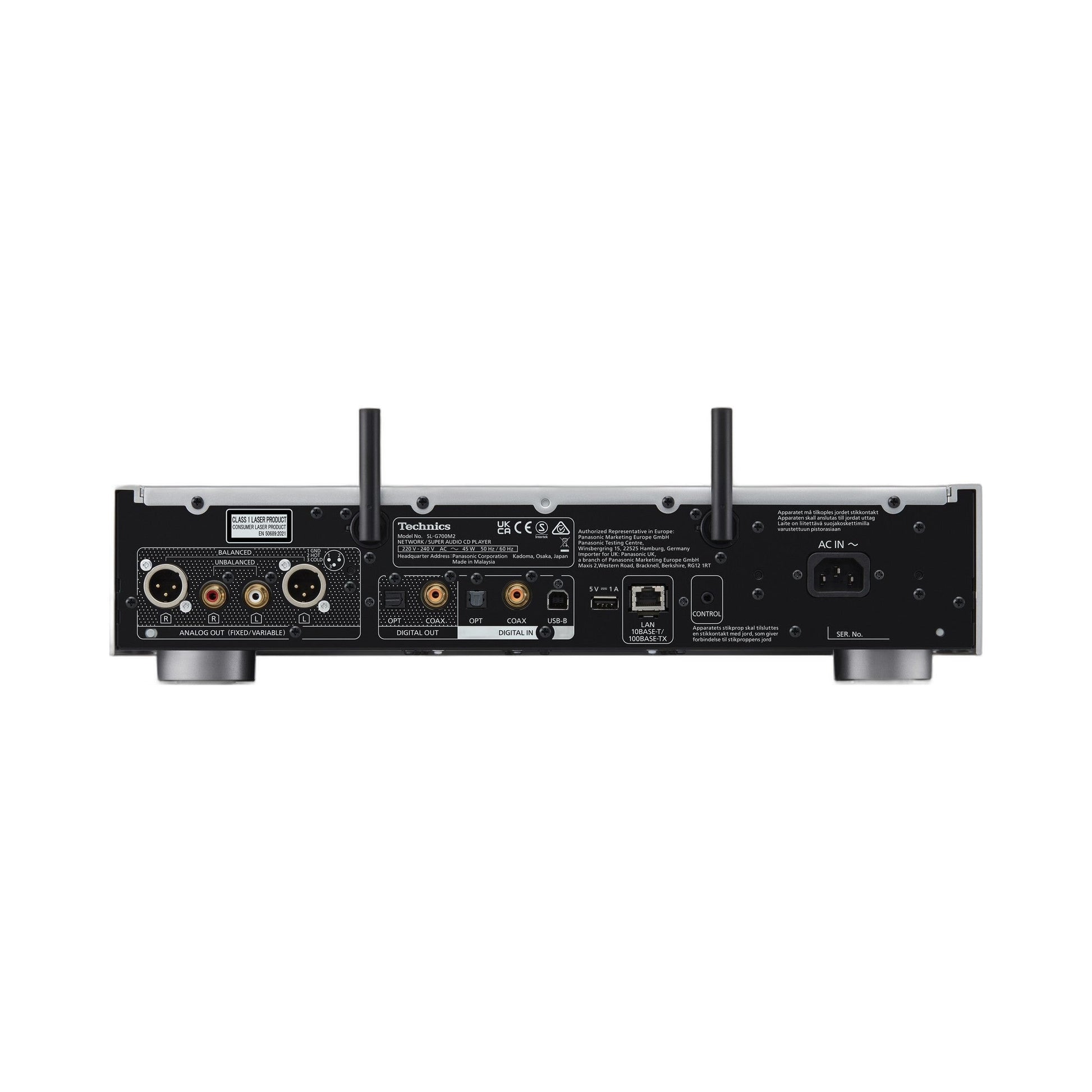 Technics SL-G700M2 Netzwerk-SACD-Player Rückansicht, Abbildung Silber, XLR- und Cinch-Ausgänge, Digitalports