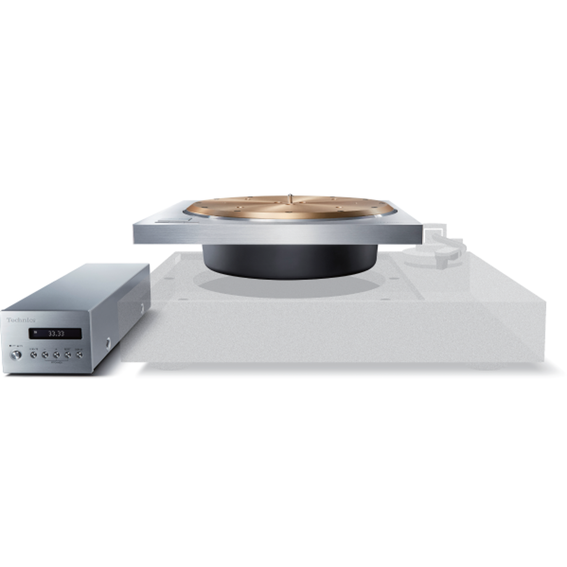 Technics SP-10R Plattenspieler-Laufwerk Detailansicht, Einbau des Laufwerks in eine Zarge mit Steuereinheit