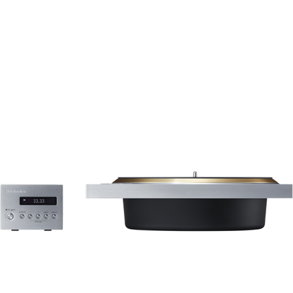 Technics SP-10R Plattenspieler-Laufwerk Frontansicht mit Steuereinheit, Motoreinheit unter dem Chassis