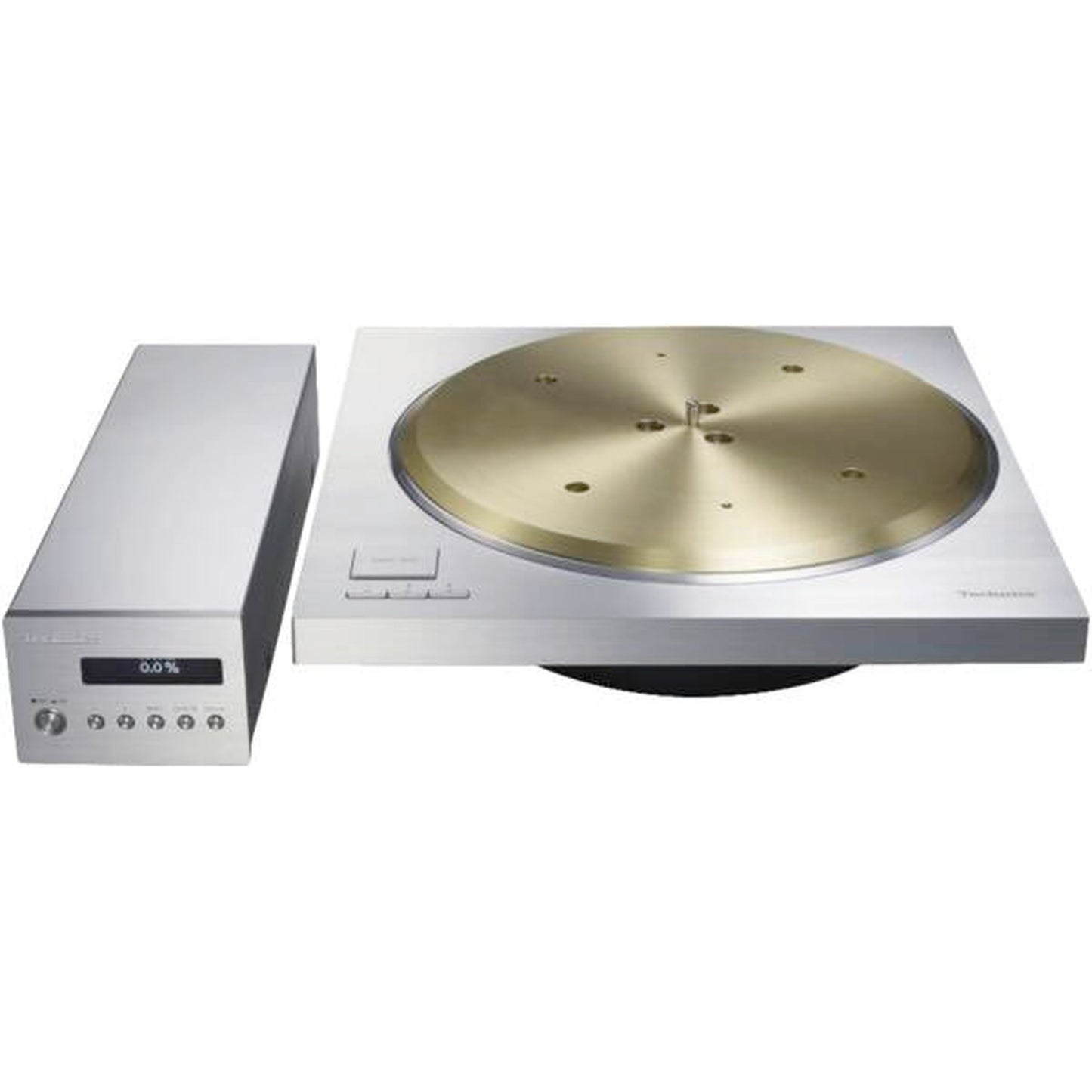 Technics SP-10R Plattenspieler-Laufwerk Schrägansicht mit Steuereinheit und Messing-Plattenteller