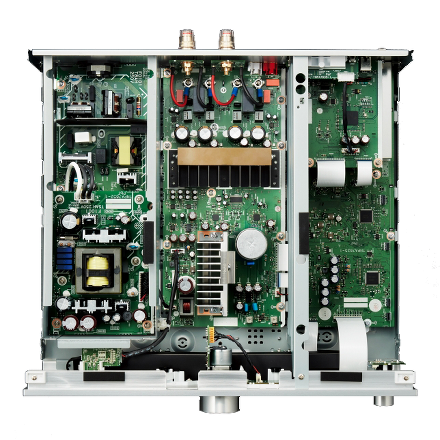 Technics SU-G700M2 Vollverstärker Detailansicht Innenaufbau, Abbildung Silber, Platinen und Netzteil von oben