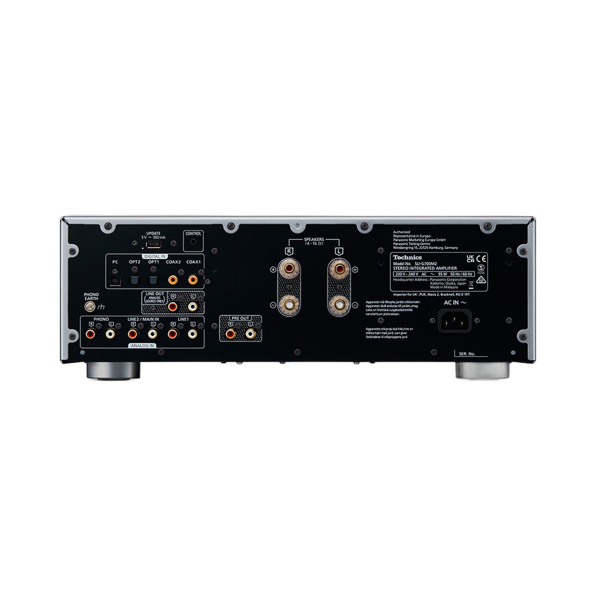 Technics SU-G700M2 Vollverstärker Rückansicht, Abbildung Silber, Phono-, Line- und Digitaleingänge, Klemmen