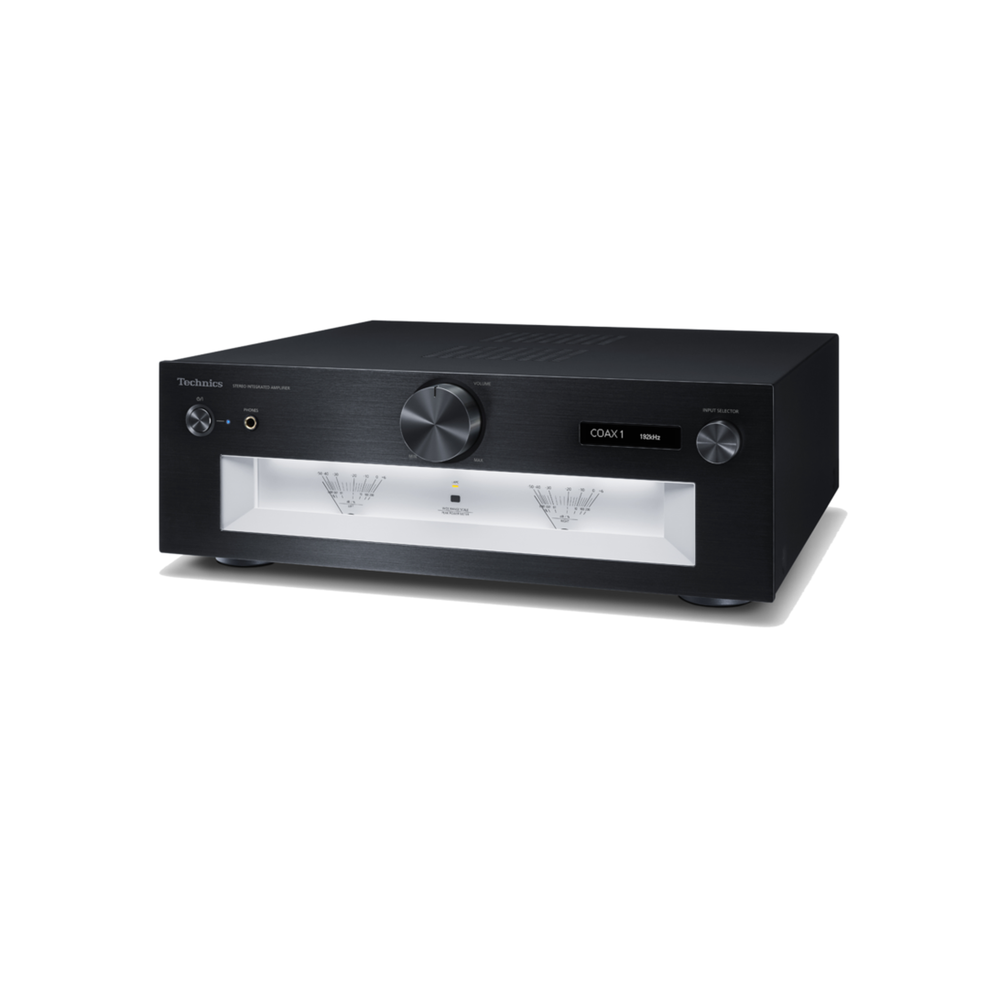 Technics SU-G700M2 Vollverstärker Schwarz Schrägansicht von vorn links mit Pegelanzeigen