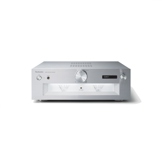 Technics SU-G700M2 Vollverstärker Silber Frontansicht mit Lautstärkeregler, Pegelanzeigen und Display