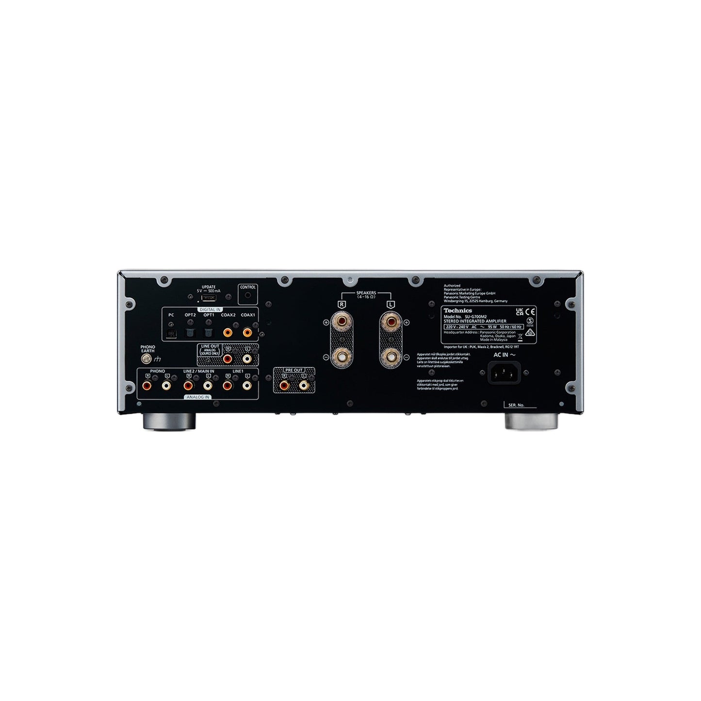Technics SU-G700M2 Vollverstärker Silber Rückansicht mit Phono-, Line- und Digitaleingängen, Lautsprecherklemmen