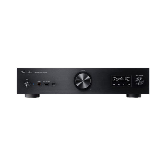 Technics SU-GX70 Netzwerk-Vollverstärker Schwarz Frontansicht mit Lautstärkeregler und Display