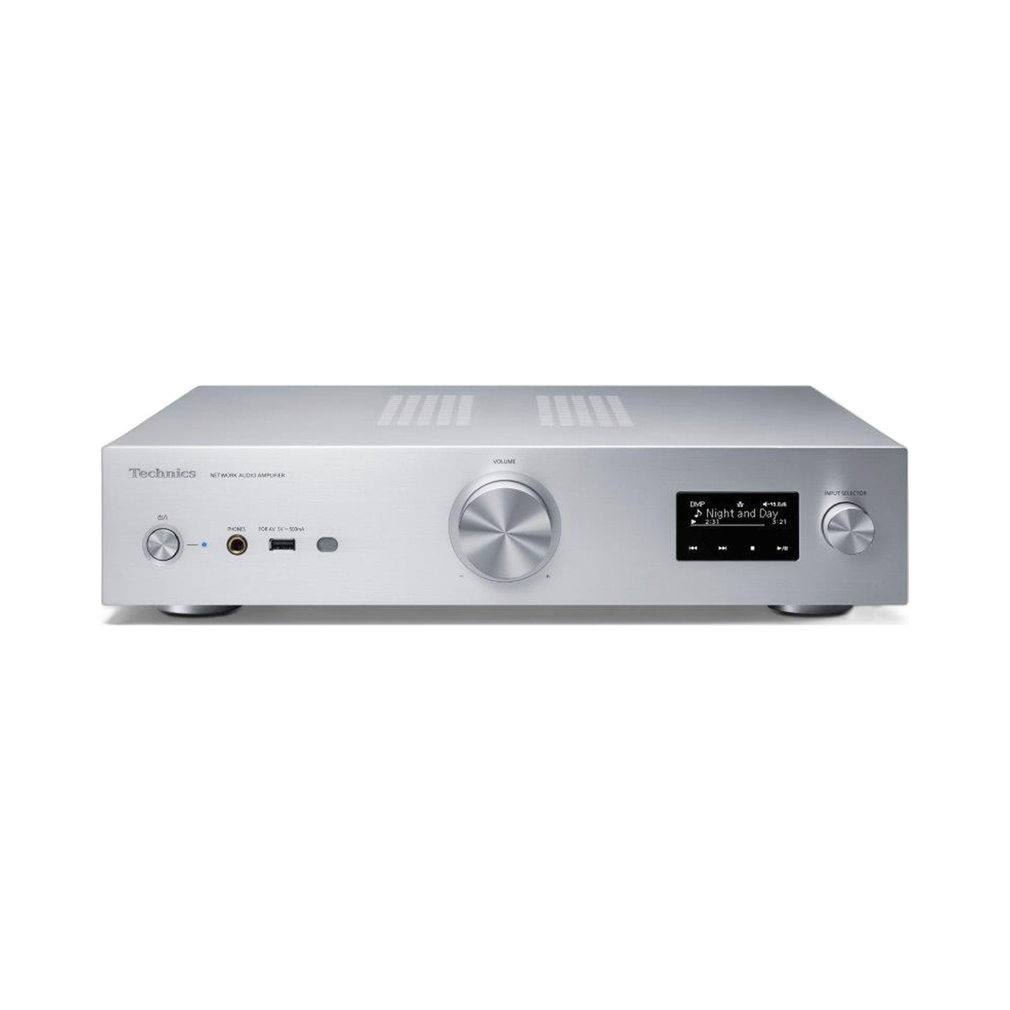 Technics SU-GX70 Netzwerk-Vollverstärker Silber Frontansicht leicht von oben mit Deckplatte und Lüftungsgittern