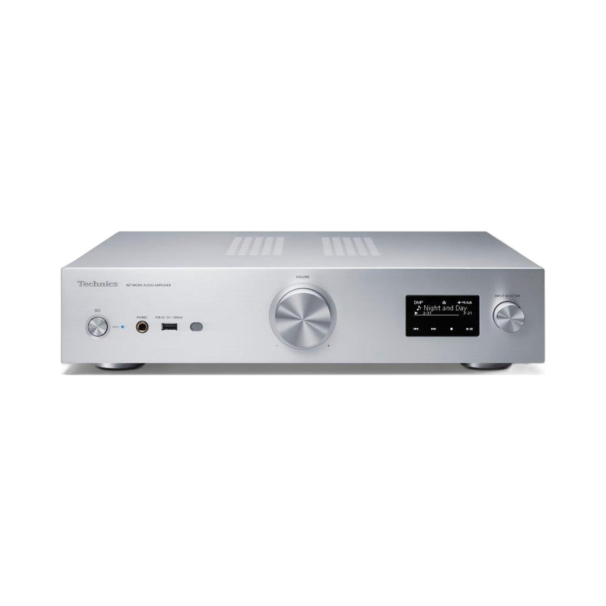 Technics SU-GX70 Netzwerk-Vollverstärker Silber Frontansicht leicht von oben mit Deckplatte und Lüftungsgittern