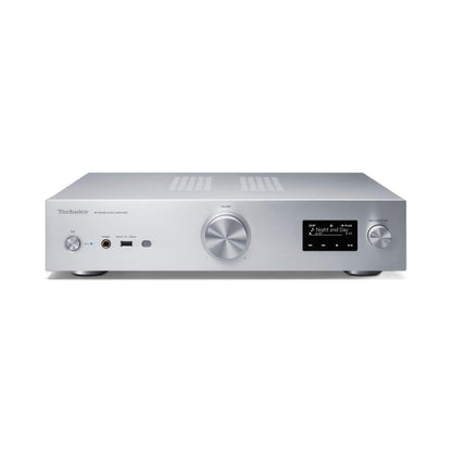 Technics SU-GX70 Netzwerk-Vollverstärker Silber Frontansicht leicht von oben mit Deckplatte und Lüftungsgittern
