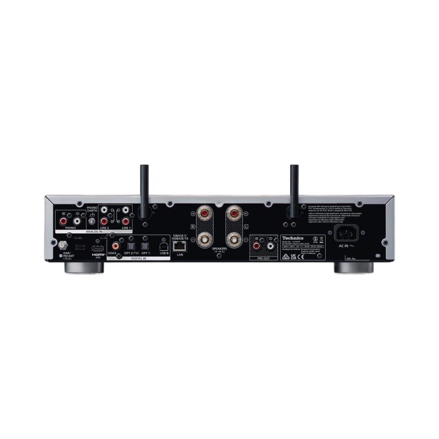 Technics SU-GX70 Netzwerk-Vollverstärker Silber Rückansicht mit HDMI ARC, Phono, LAN und Lautsprecherklemmen