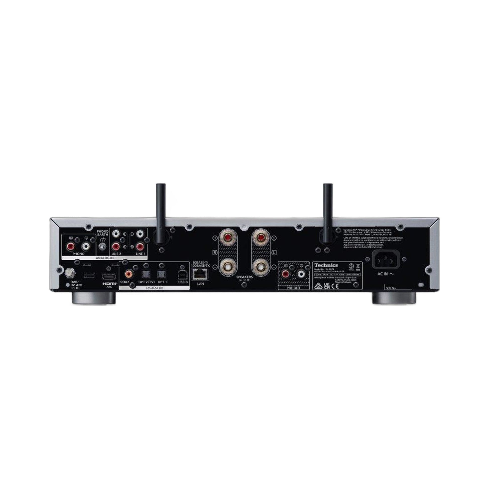 Technics SU-GX70 Netzwerk-Vollverstärker Silber Rückansicht mit HDMI ARC, Phono, LAN und Lautsprecherklemmen