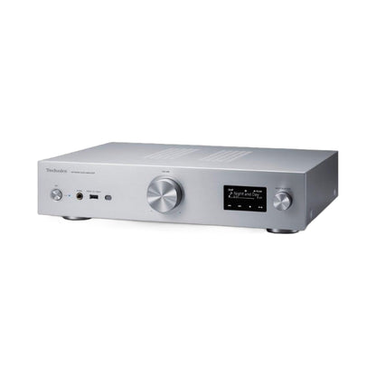 Technics SU-GX70 Netzwerk-Vollverstärker Silber Schrägansicht von vorn links mit Display