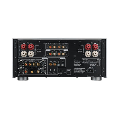 Technics SU-R1000 Vollverstärker Rückansicht, Abbildung Silber, XLR-, Phono- und Cinch-Buchsen, Klemmen