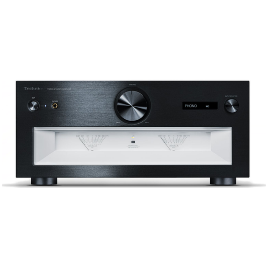 Technics SU-R1000 Vollverstärker Schwarz Frontansicht mit VU-Metern, Lautstärkeregler und Display