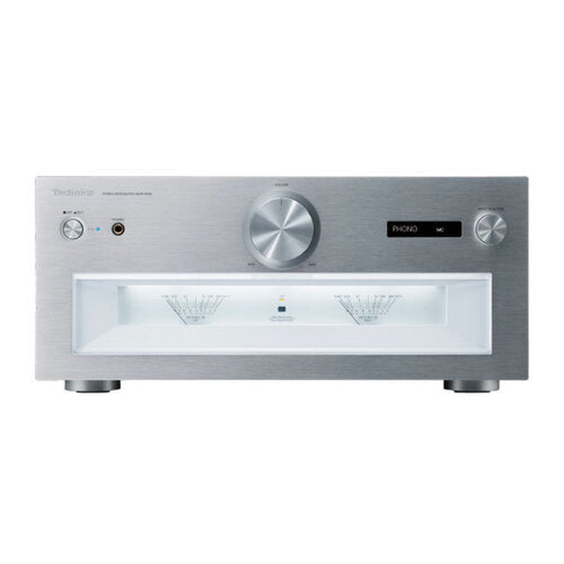 Technics SU-R1000 Vollverstärker Silber Frontansicht mit VU-Metern, Lautstärkeregler und Display