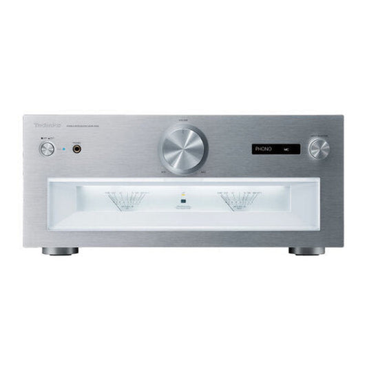 Technics SU-R1000 Vollverstärker Silber Frontansicht mit VU-Metern, Lautstärkeregler und Display