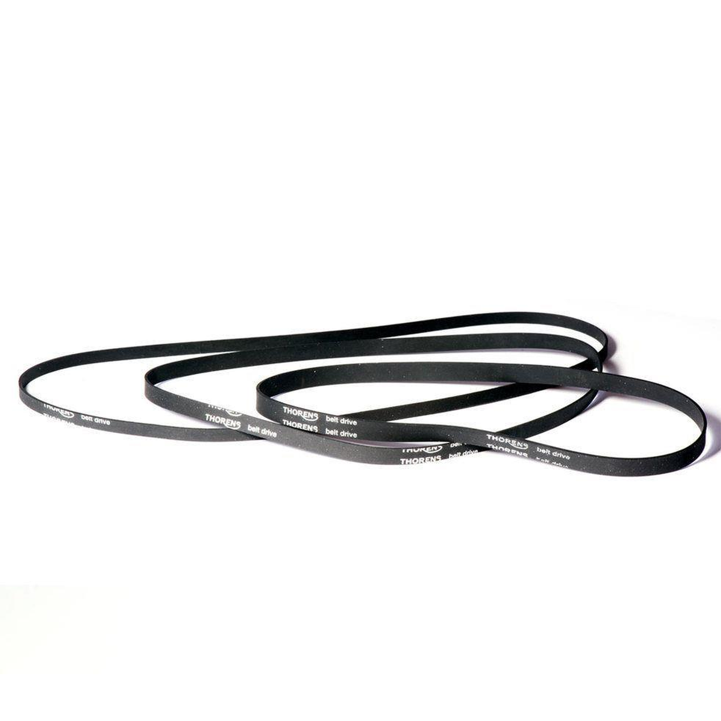 Thorens Antriebsriemen Standard Draufsicht, drei Flachriemen mit Aufdruck THORENS belt drive