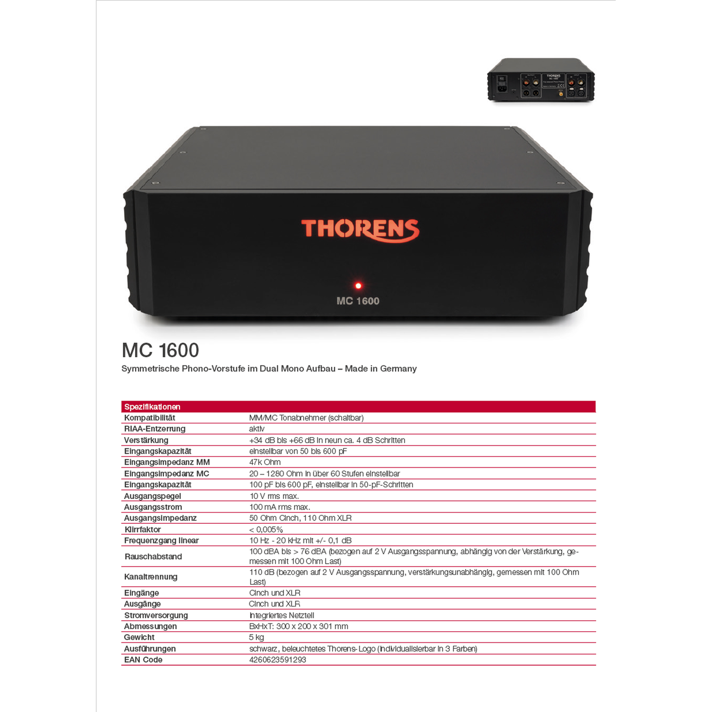 Thorens MC 1600 Phono-Vorverstärker Datenblatt mit Spezifikationen zu Verstärkung, Impedanz und Anschlüssen