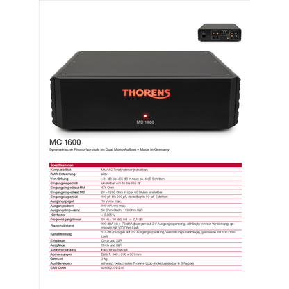 Thorens MC 1600 Phono-Vorverstärker Datenblatt mit Spezifikationen zu Verstärkung, Impedanz und Anschlüssen
