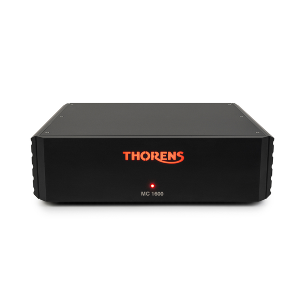 Thorens MC 1600 Phono-Vorverstärker Frontansicht mit beleuchtetem Logo und roter Betriebsanzeige
