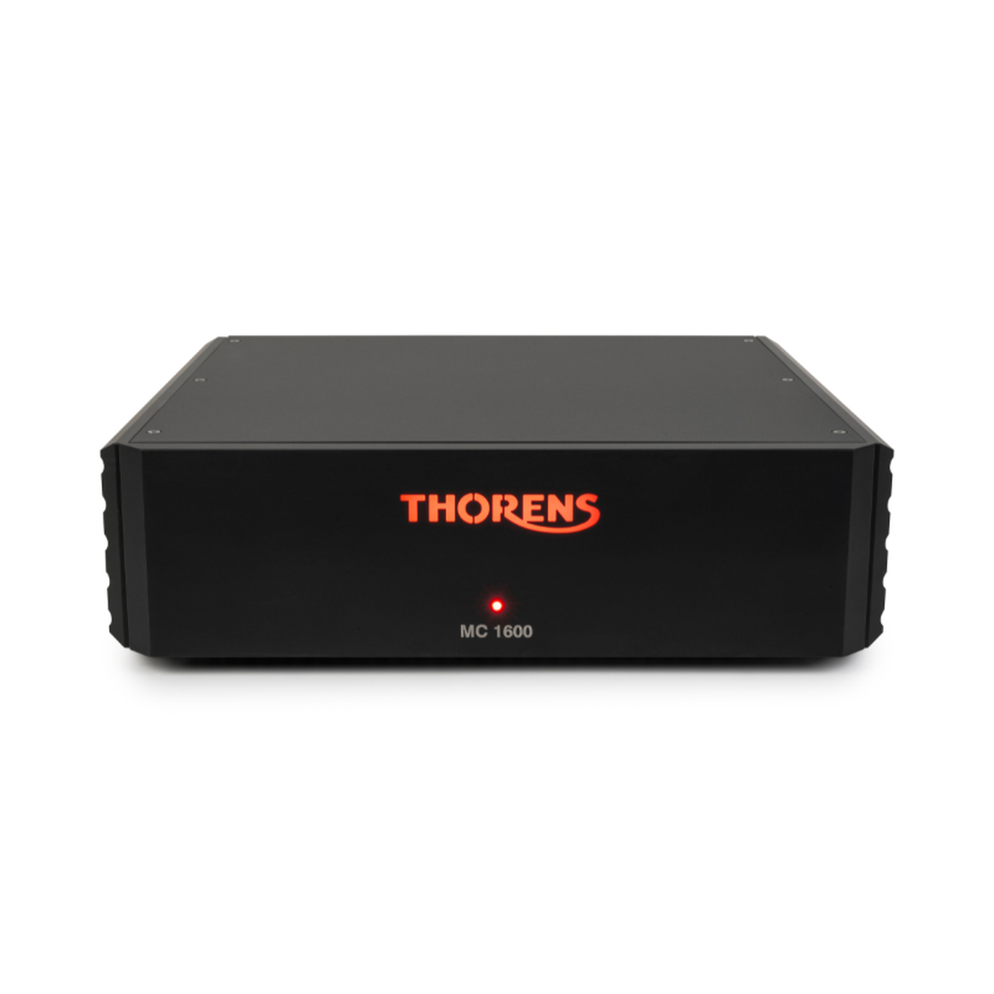 Thorens MC 1600 Phono-Vorverstärker Frontansicht mit beleuchtetem Logo und roter Betriebsanzeige