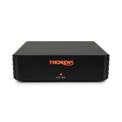Thorens MC 1600 Phono-Vorverstärker Frontansicht mit beleuchtetem Logo und roter Betriebsanzeige