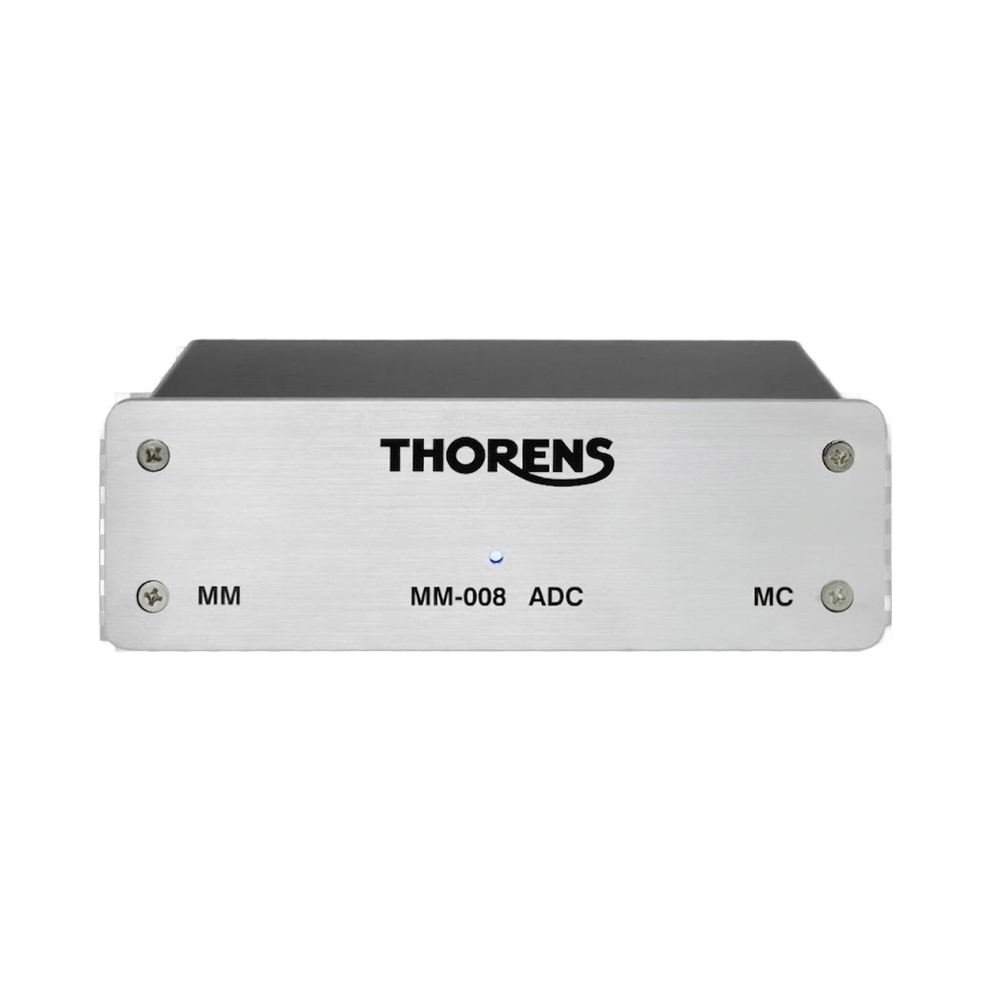 Thorens MM 008 ADC Phono-Vorstufe Frontansicht mit gebürsteter Aluminiumfront und MM/MC-Beschriftung