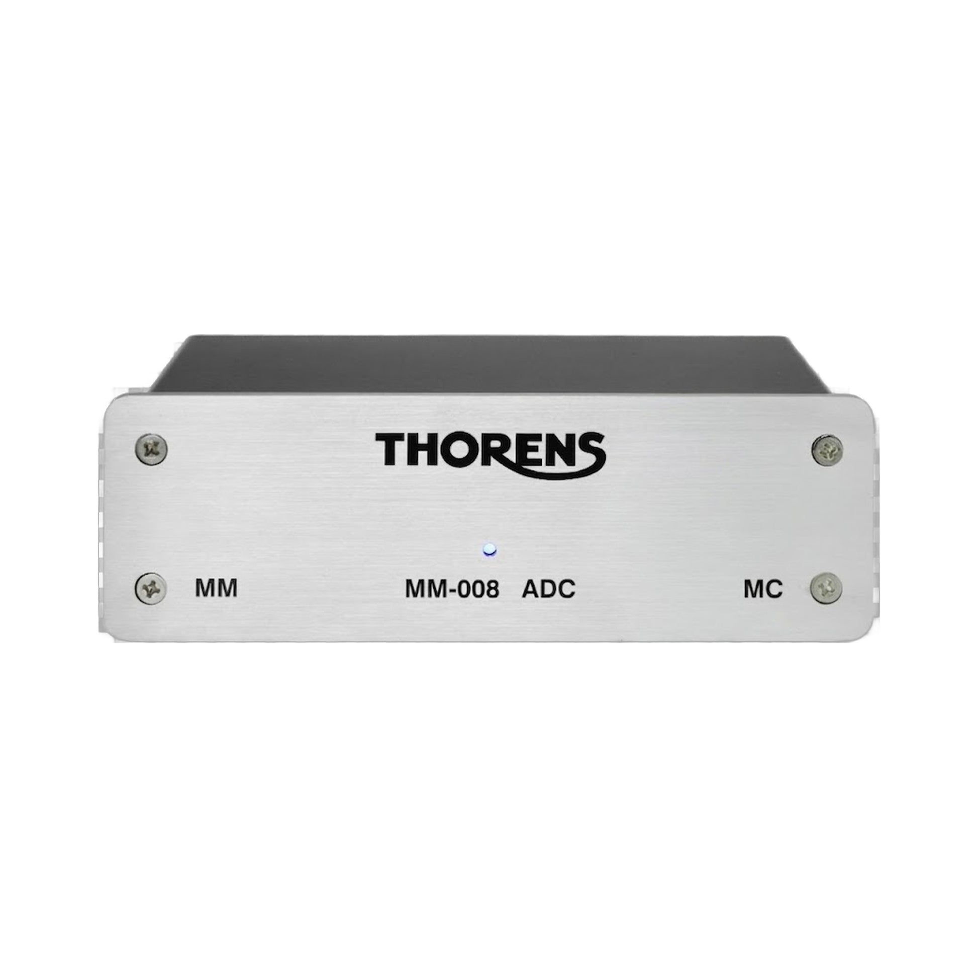 Thorens MM 008 ADC Phono-Vorstufe Frontansicht mit gebürsteter Aluminiumfront und MM/MC-Beschriftung