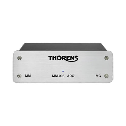 Thorens MM 008 ADC Phono-Vorstufe Frontansicht mit gebürsteter Aluminiumfront und MM/MC-Beschriftung