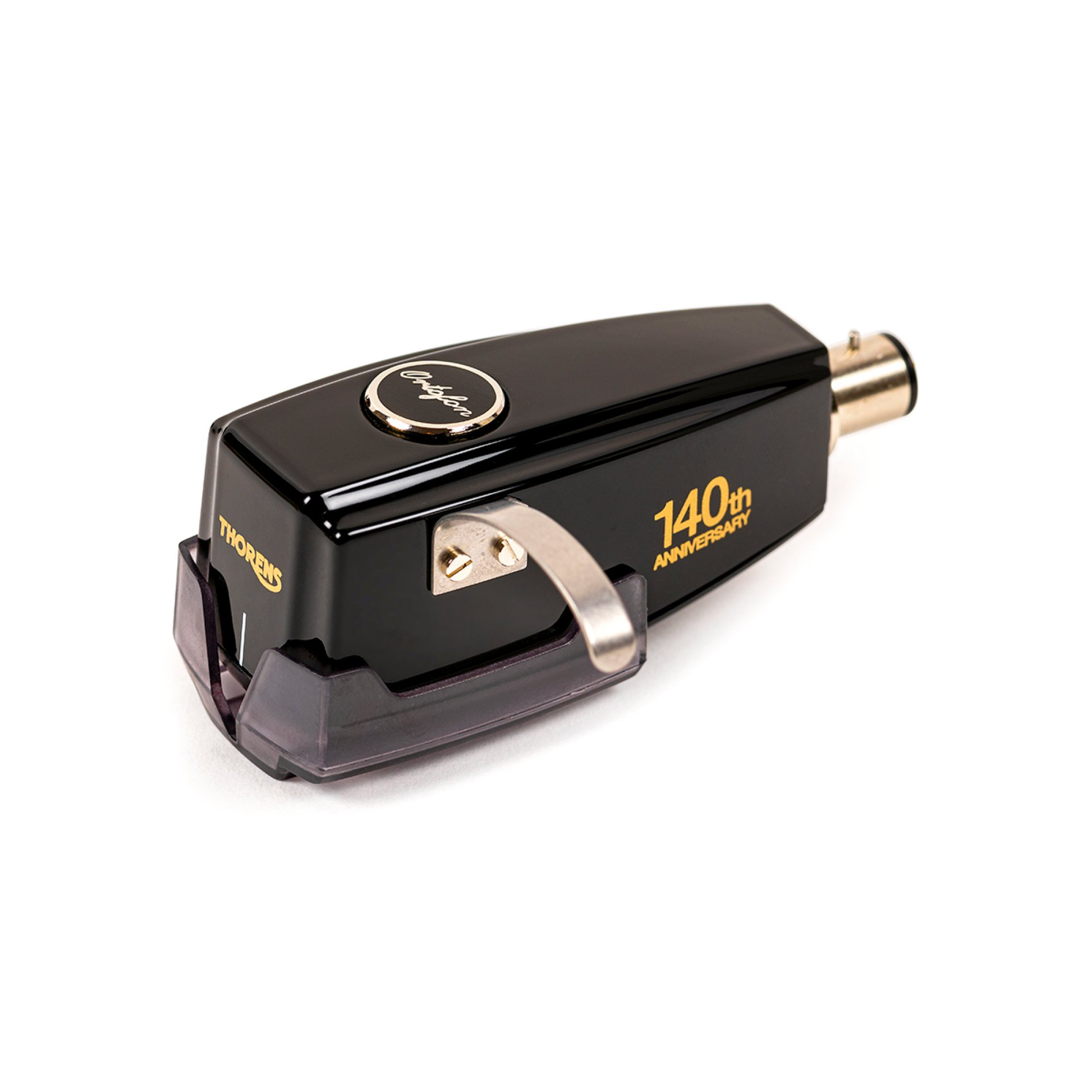 Thorens SPU-124 140th Anniversary MC-Tonabnehmer Seitenansicht mit Headshell und Jubiläumsschriftzug