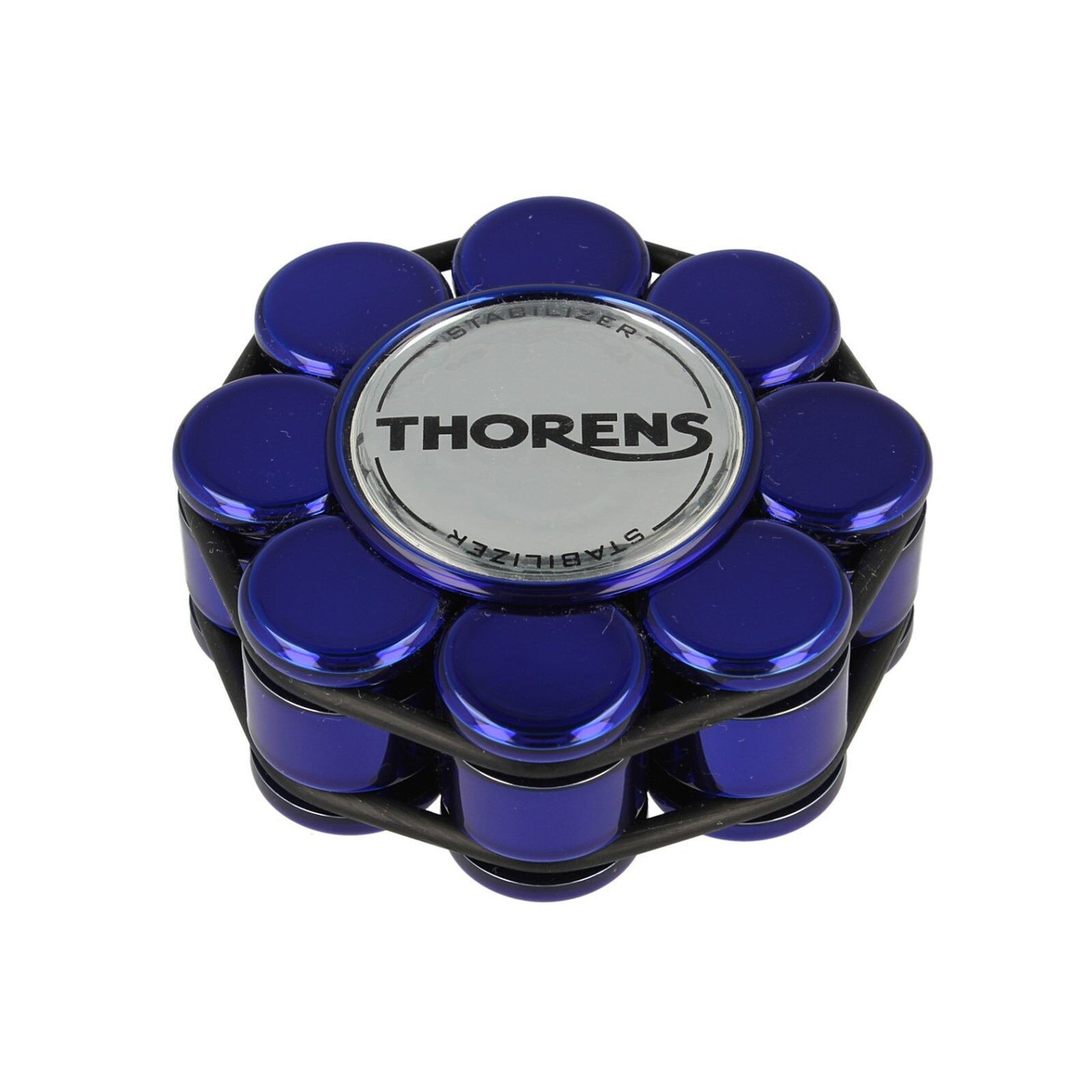 Thorens Stabilizer Blau Plattengewicht Draufsicht, blaue Zylinder mit verchromter THORENS-Plakette