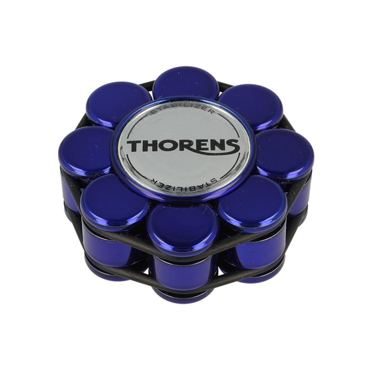 Thorens Stabilizer Blau Plattengewicht Draufsicht, blaue Zylinder mit verchromter THORENS-Plakette