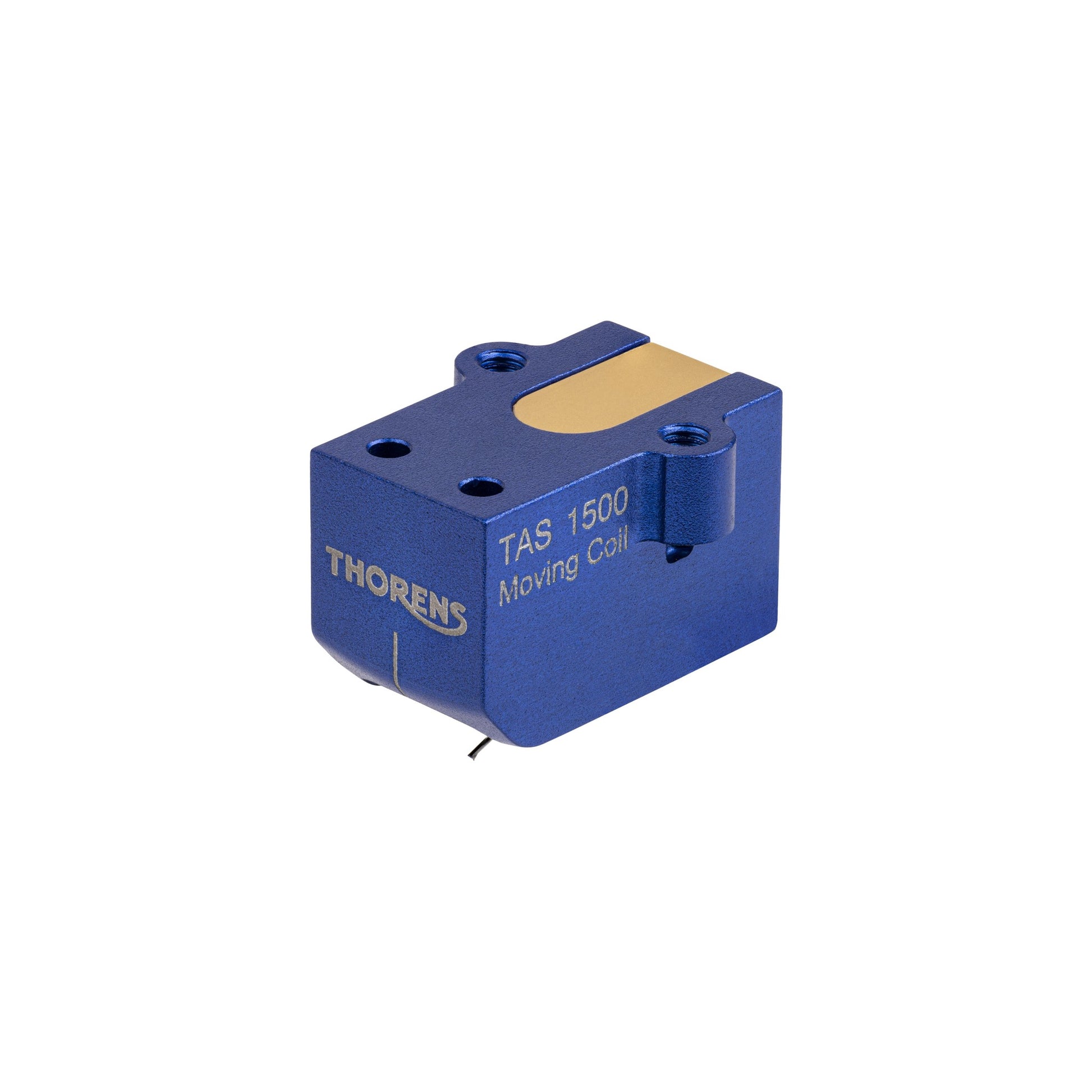 Thorens TAS 1500 MC-Tonabnehmer Seitenansicht blaues Aluminiumgehäuse mit Schriftzug Moving Coil