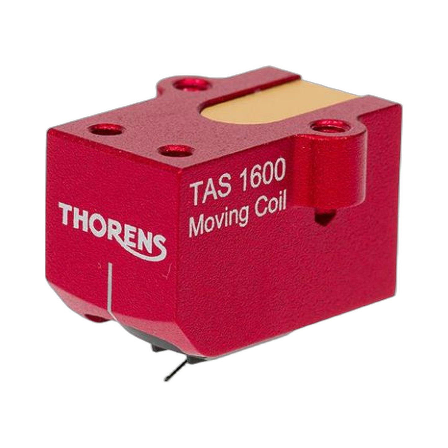 Thorens TAS 1600 MC-Tonabnehmer Seitenansicht 2 rotes Aluminiumgehäuse mit Montagegewinden