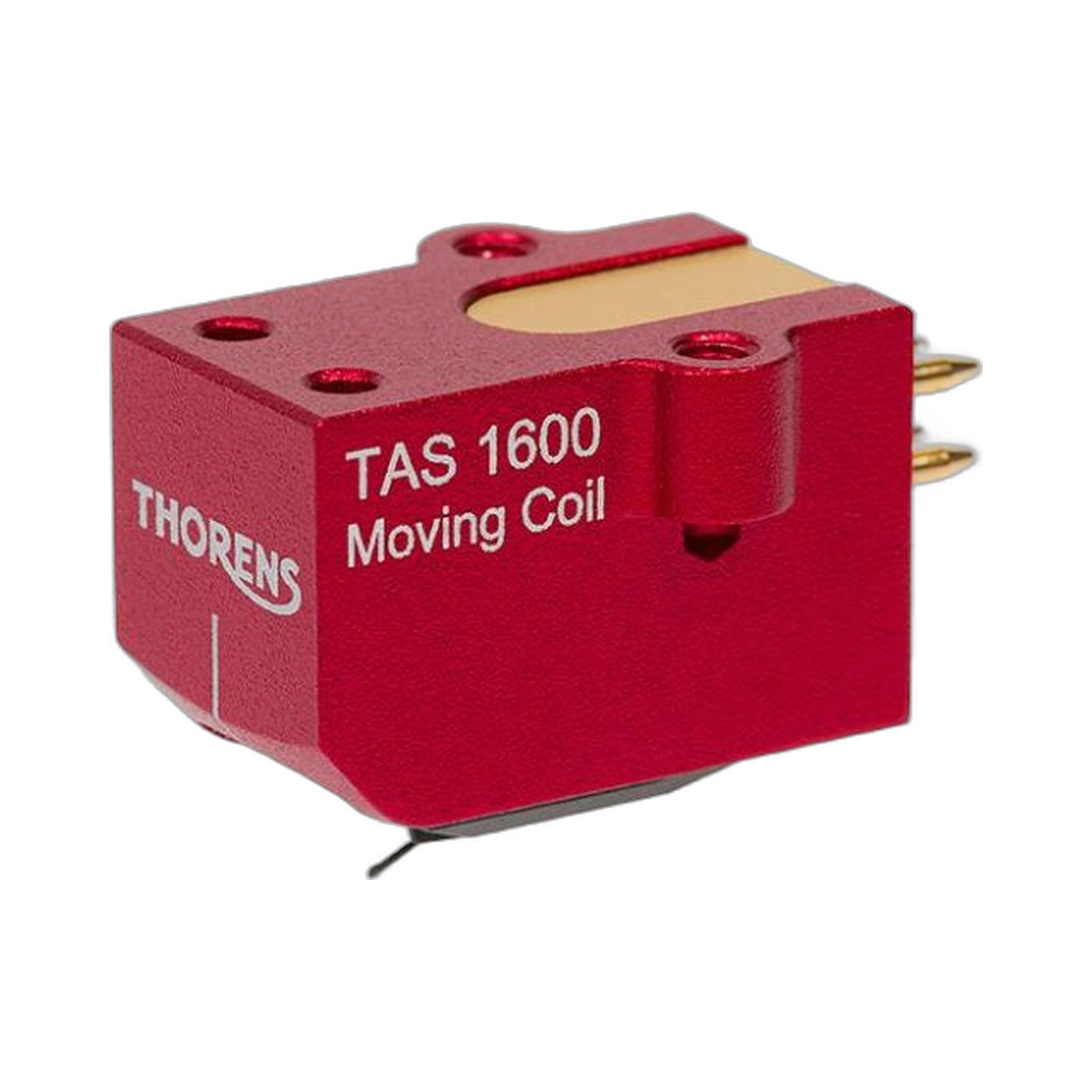 Thorens TAS 1600 MC-Tonabnehmer Seitenansicht mit Gehäuseschriftzug Moving Coil und Anschlusspins