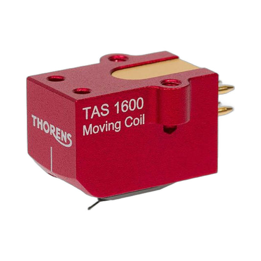 Thorens TAS 1600 MC-Tonabnehmer Seitenansicht mit Gehäuseschriftzug Moving Coil und Anschlusspins