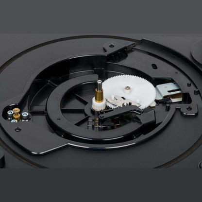Thorens TD 101 A Plattenspieler Schwarz Matt Detailansicht Automatik-Mechanik unter dem Plattenteller