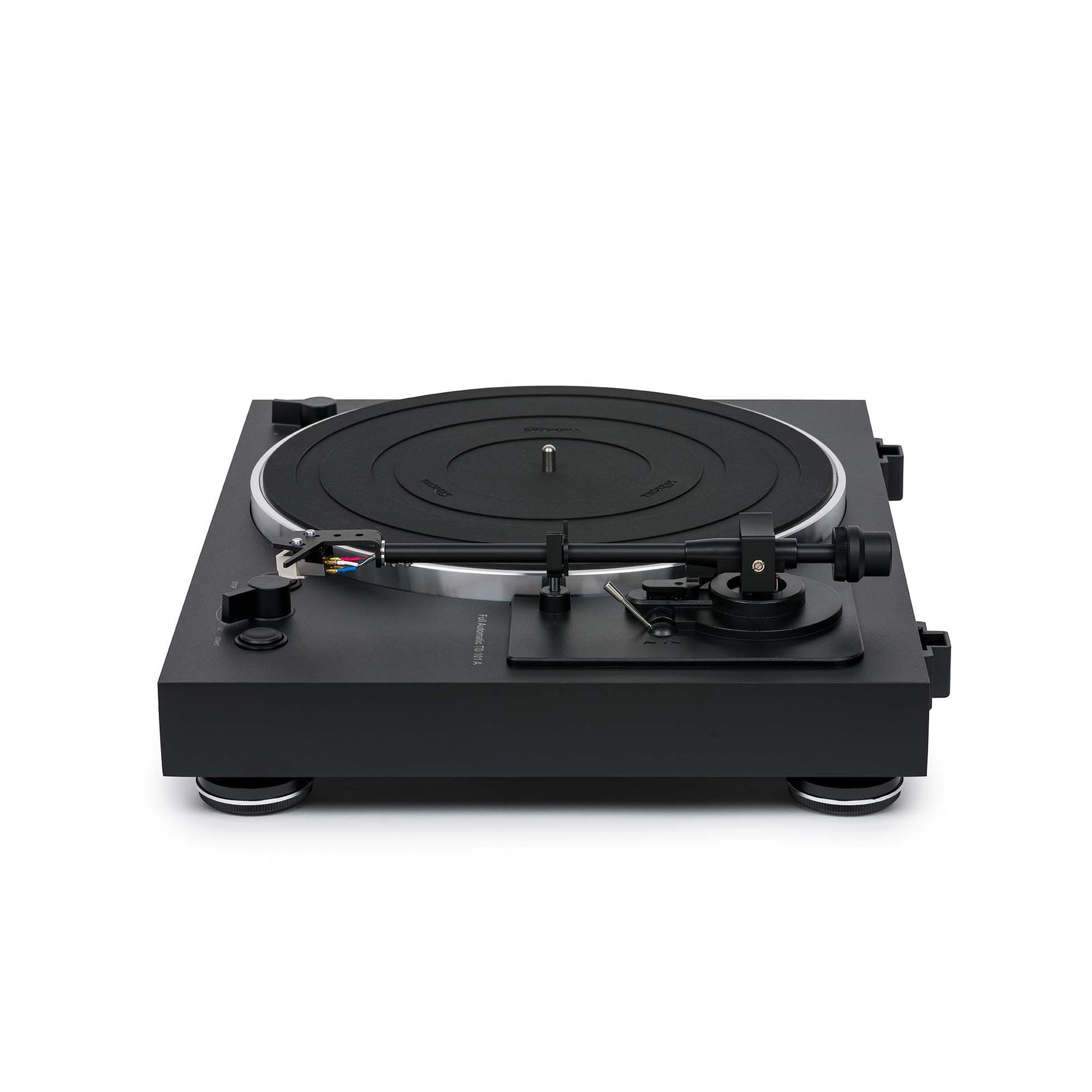 Thorens TD 101 A Plattenspieler Schwarz Matt Frontansicht mit Tonarm und Tonabnehmer, ohne Staubschutzhaube