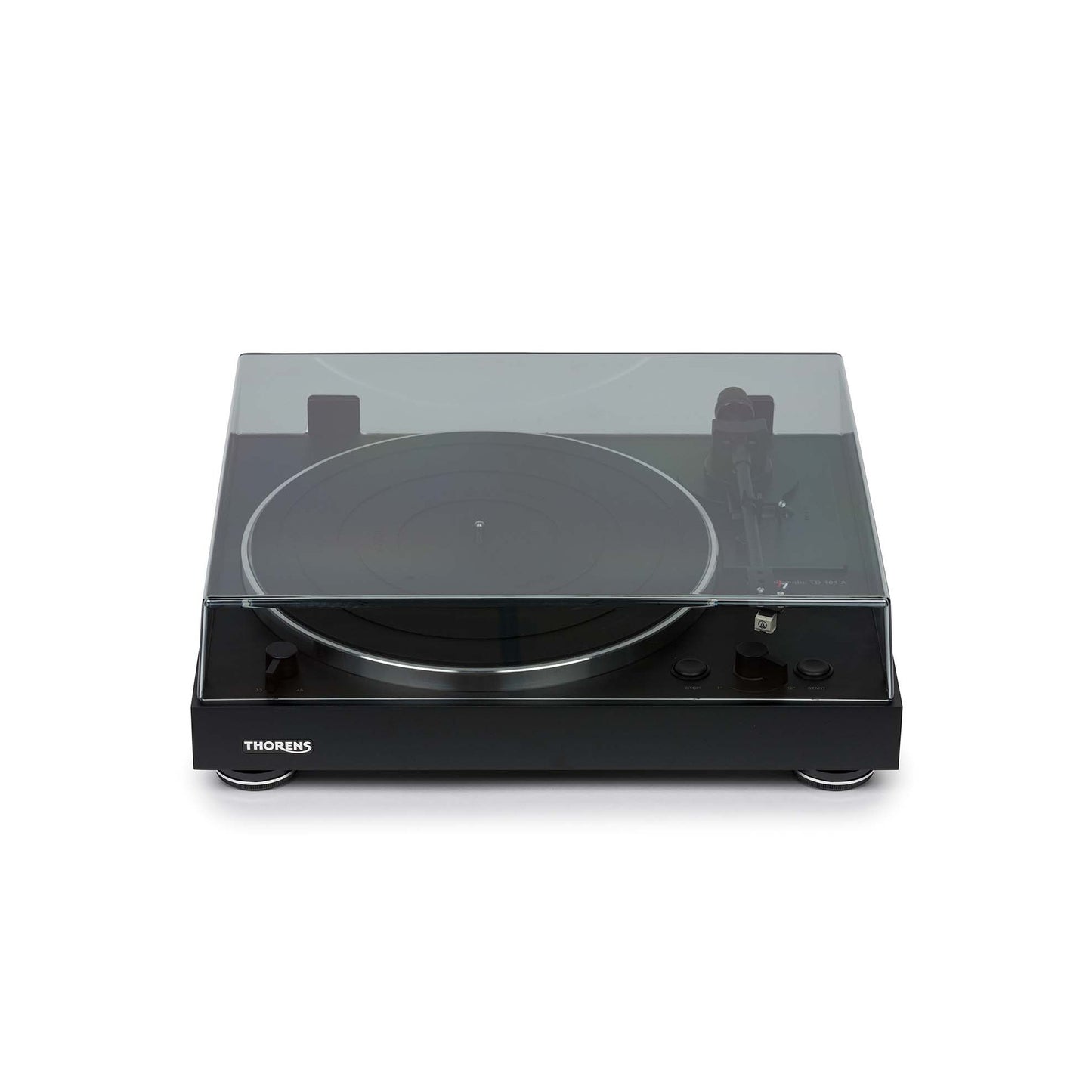 Thorens TD 101 A Plattenspieler Schwarz Matt Frontansicht mit geschlossener Staubschutzhaube