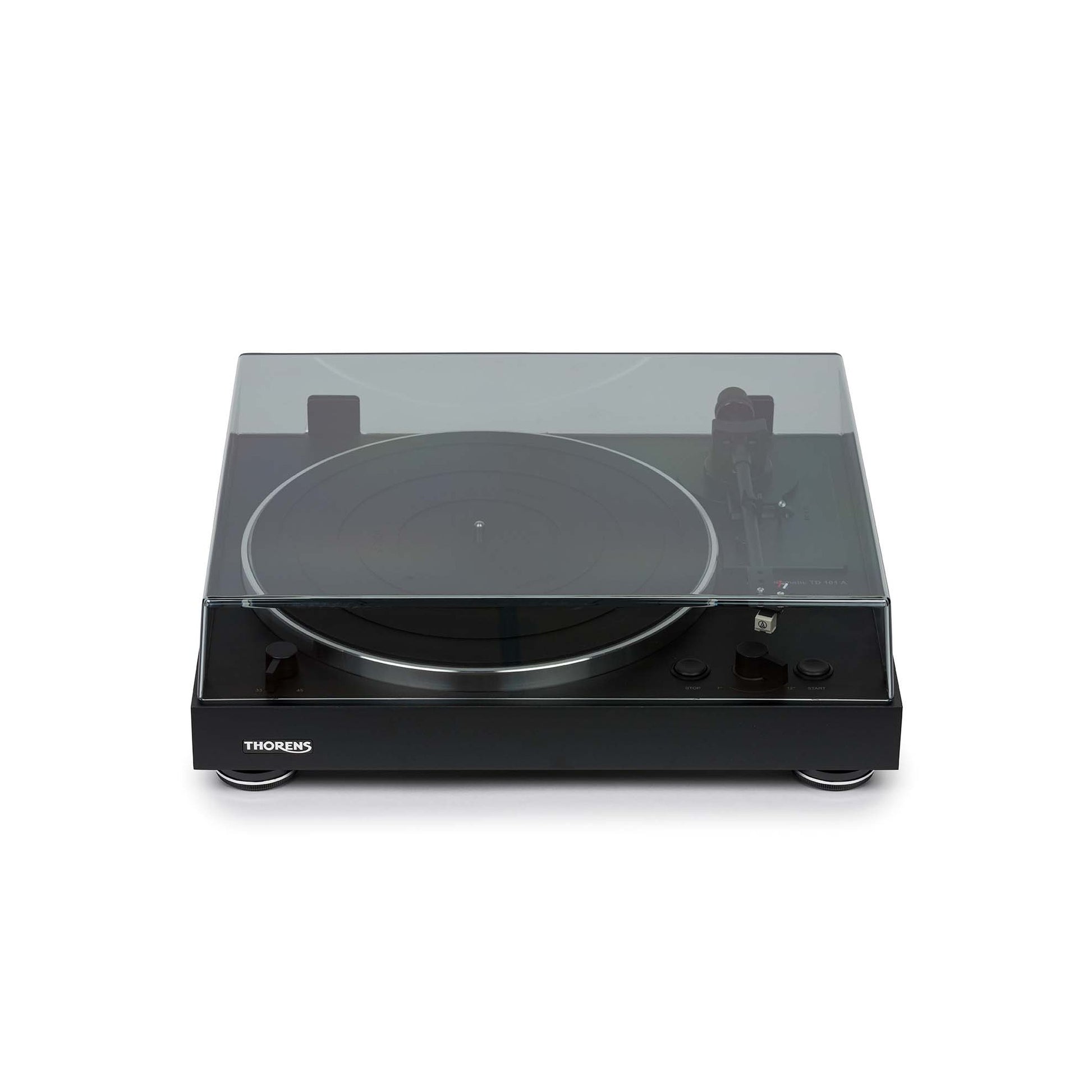 Thorens TD 101 A Plattenspieler Schwarz Matt Frontansicht mit geschlossener Staubschutzhaube