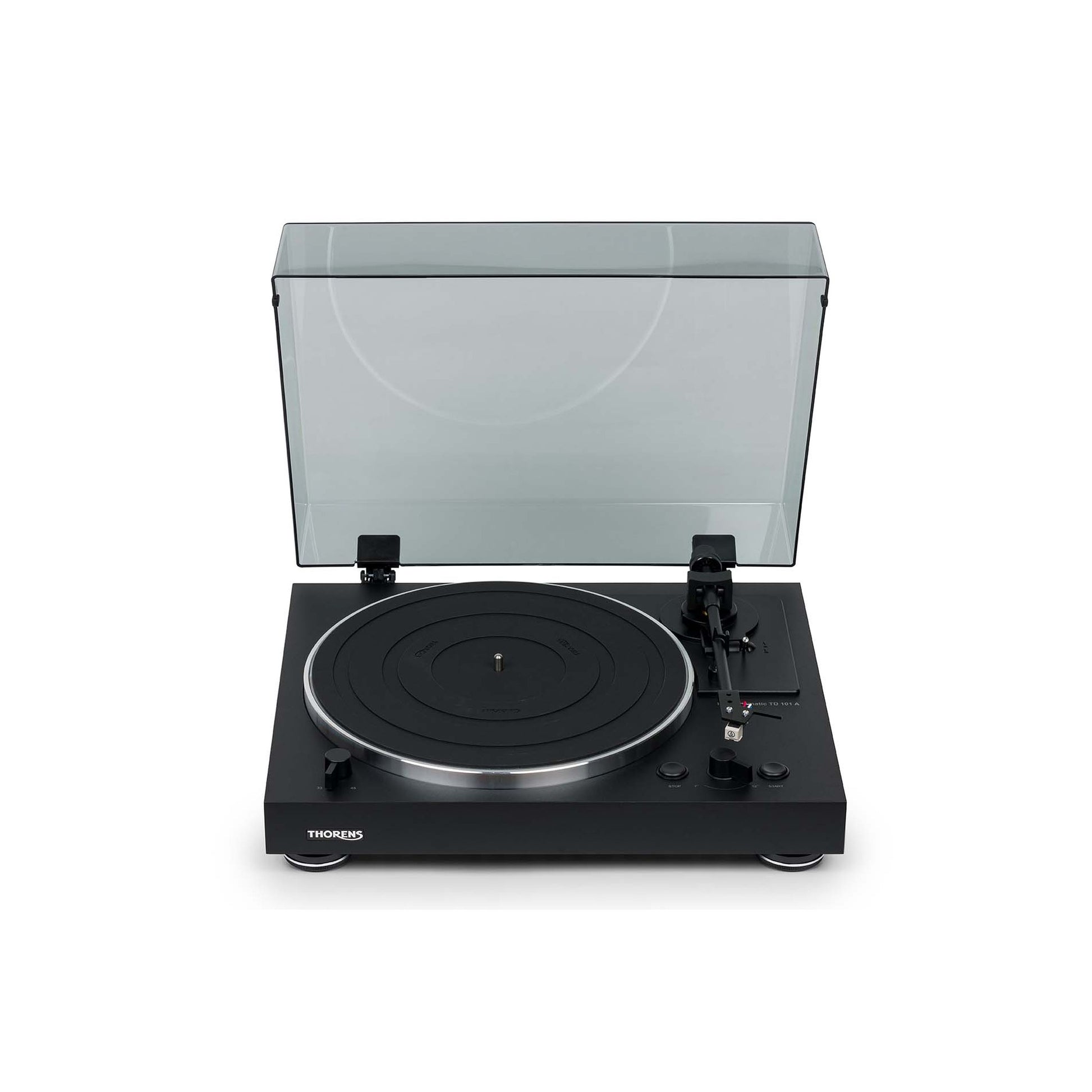 Thorens TD 101 A Plattenspieler Schwarz Matt Frontansicht mit geöffneter Staubschutzhaube