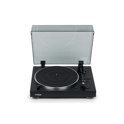 Thorens TD 101 A Plattenspieler Schwarz Matt Frontansicht mit geöffneter Staubschutzhaube