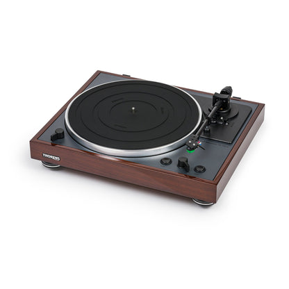 Thorens TD 102 A Plattenspieler Nussbaum Hochglanz Frontansicht schräg von links ohne Staubschutzhaube